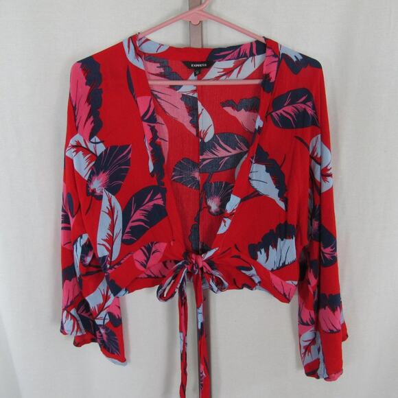 Express XS Tropical Floral Leaf Front Tie Crop Top with Flowy Sleeves Hawaiian - Picture 1 of 4